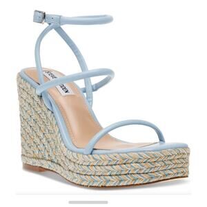 Steve Madden Unify Blue Leather Strappy Wedges, Gold Raffia woven heel. Size 6.